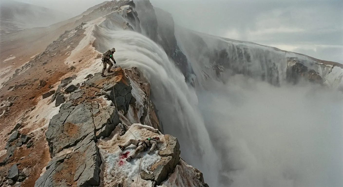 The ice crossing — Two roped together on a glacial ridge, and one of them already down on a ledge with the snow going red under him. Behind them the valley is filling with nitrogen fog that pours rather than drifts — heavier than air, coming up over the ridge like a slow flood. The scale is the point: the weather here is a landscape, and the people in it are specks.