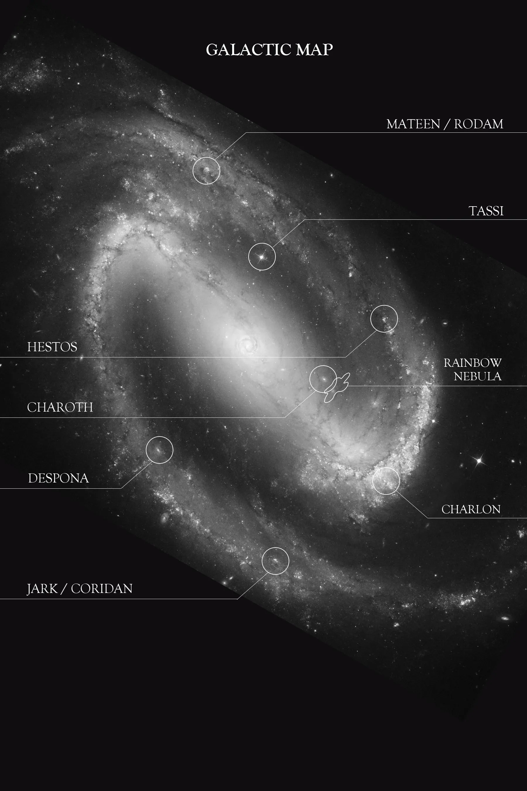Galactic Map — the chart for The Conquests of Brokk, showing Mateen / Rodam, Tassi, Hestos, Rainbow Nebula and other locations.