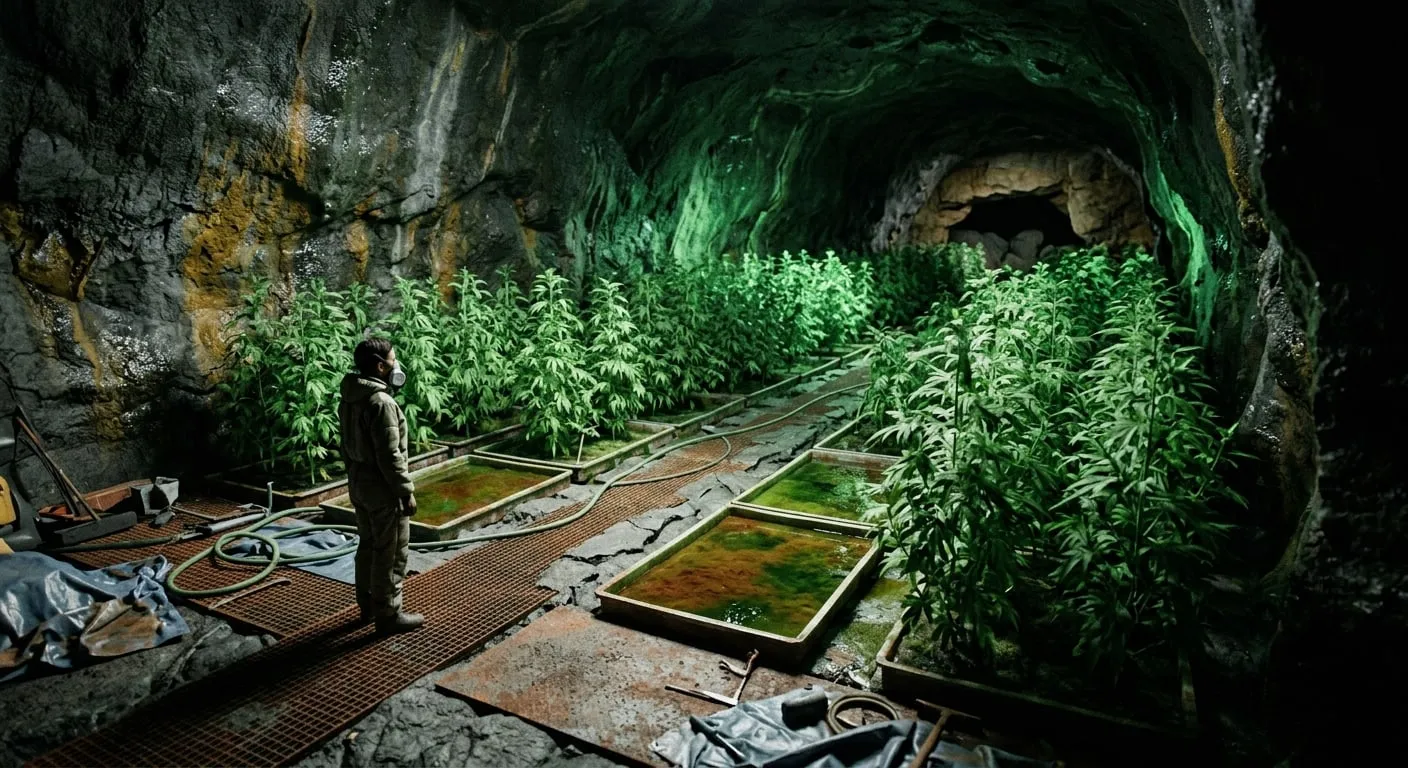 The farms — The sealed caverns. The crop is the light source — bioluminescent bacteria living on the leaves — and the shallow trays between the rows are the iron-eating algae drinking that light. Nothing here comes from the sun.