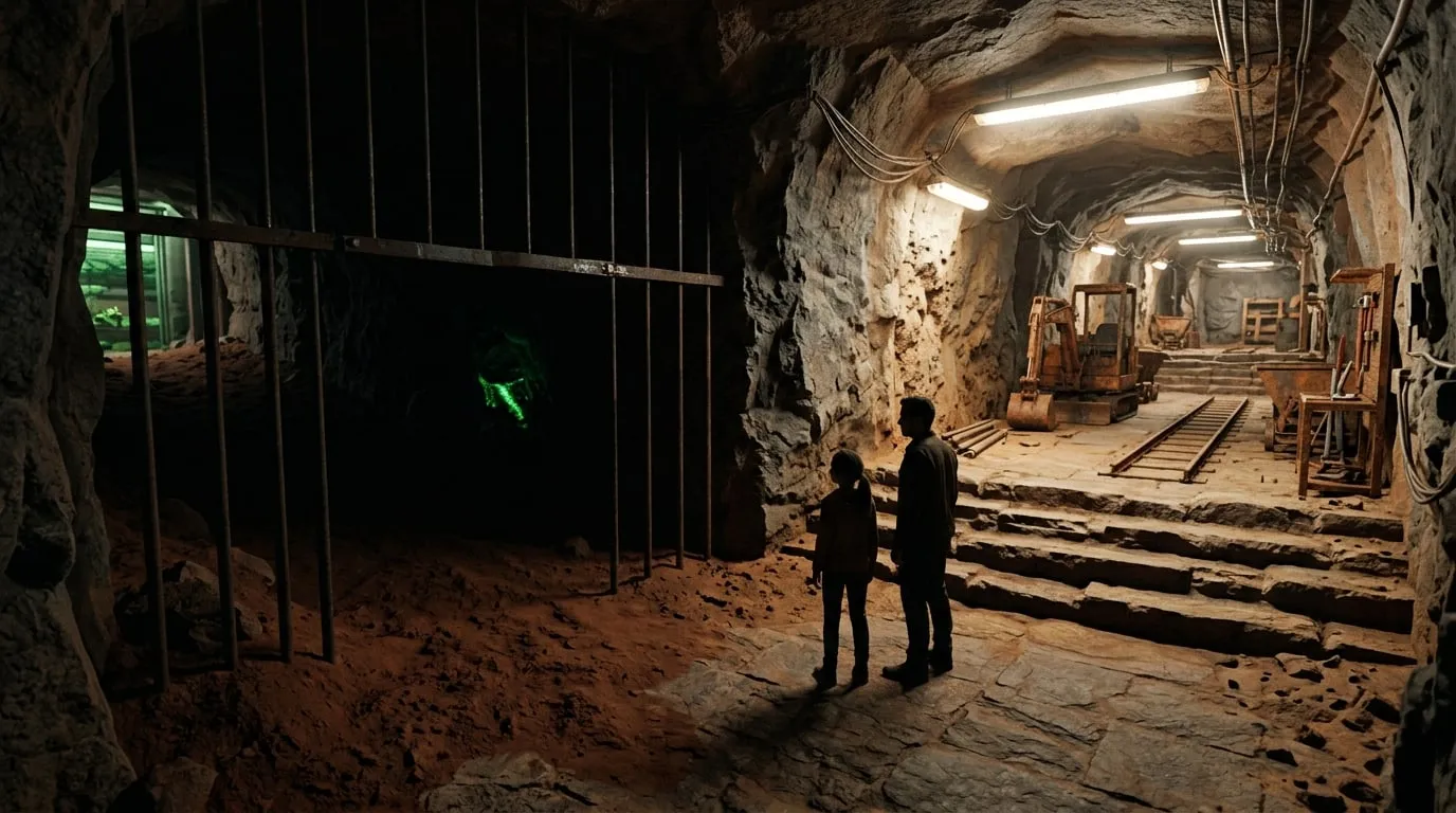 The fork in the tunnel — Up is lit and worked. Down is dark, barred, and green somewhere far below. Jonah takes the dark route because his training says to hide where nobody would follow — and the bars are spaced wide enough to let him.