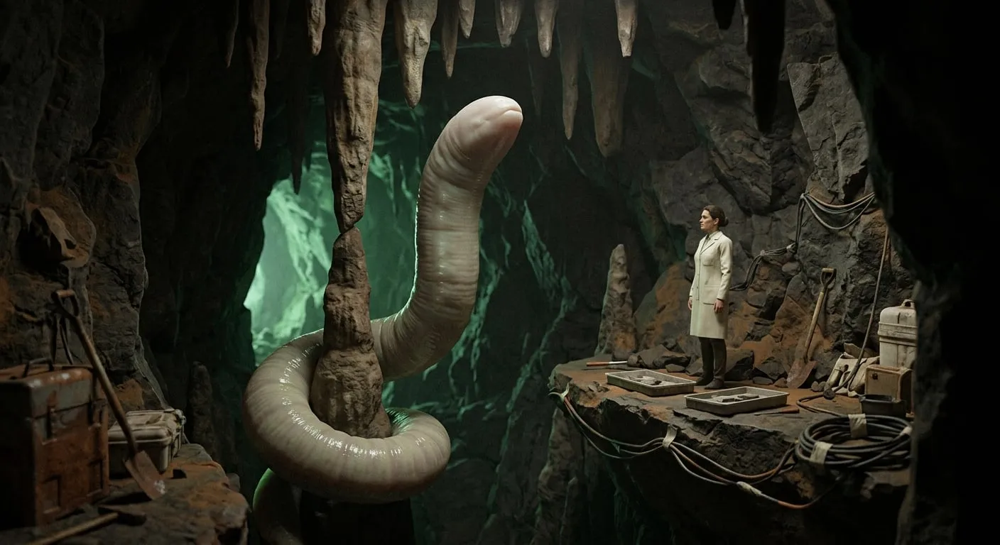 The feeding ledge — It rises to full height and coils its lower body around a stalactite to extend its reach. The narrow shelf below is the feeding tray. The woman is not afraid of it.
