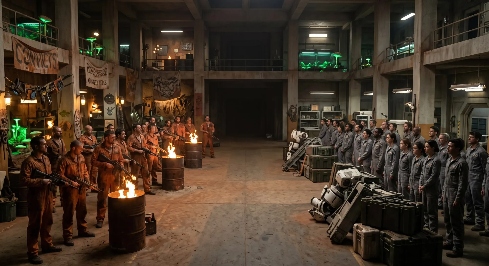 Two camps, one hall — Orange on one side with the armory they seized, gray on the other behind their own wrecked machinery, and a stretch of floor down the middle that nobody stands in. The green at the back is the farms, still running.