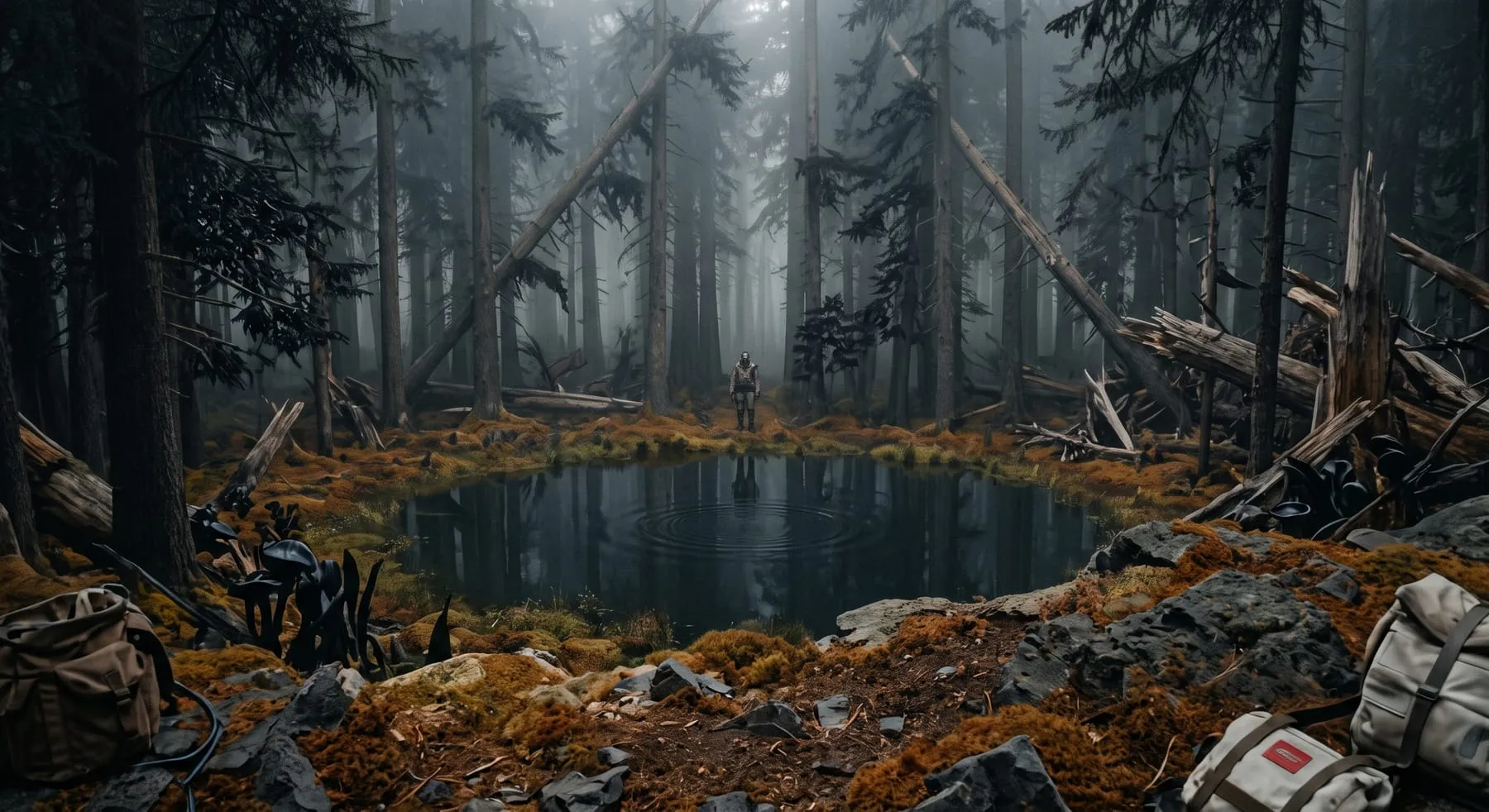 The Blackwood and the Sink — Near-black conifers, mist standing between the trunks, and at the heart of it a bog clearing so perfectly circular it looks made. The water holds its breath. One figure at the treeline for scale, and the rings on the surface are the only thing moving.